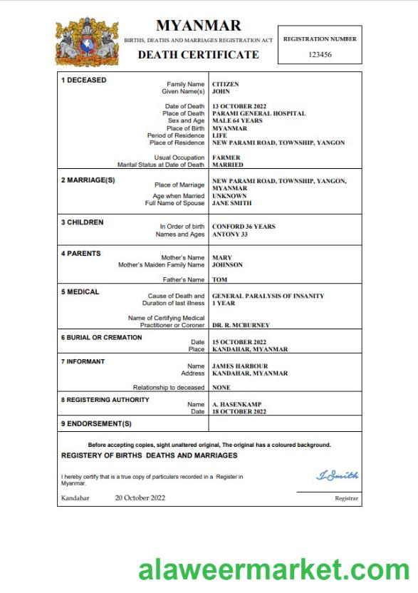Myanmar death certificate Word and PDF template
